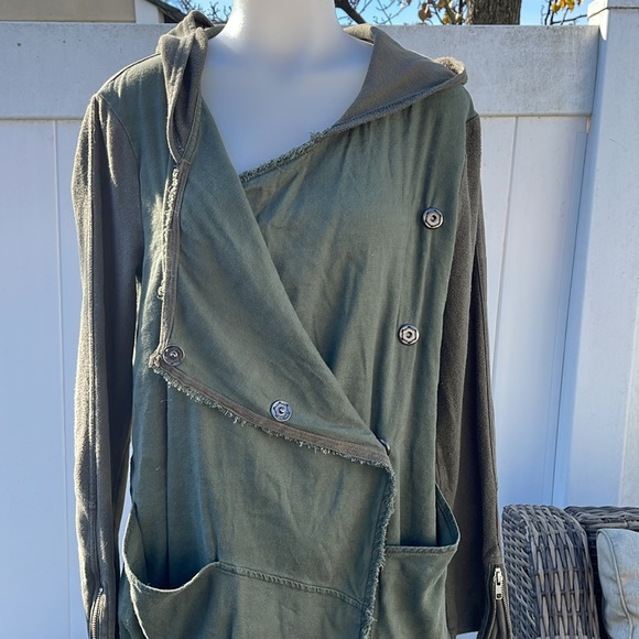 Free People Asymmetrical Snap Button Hoodie Olive Green Linen Blend Size S - Picture 3 of 12